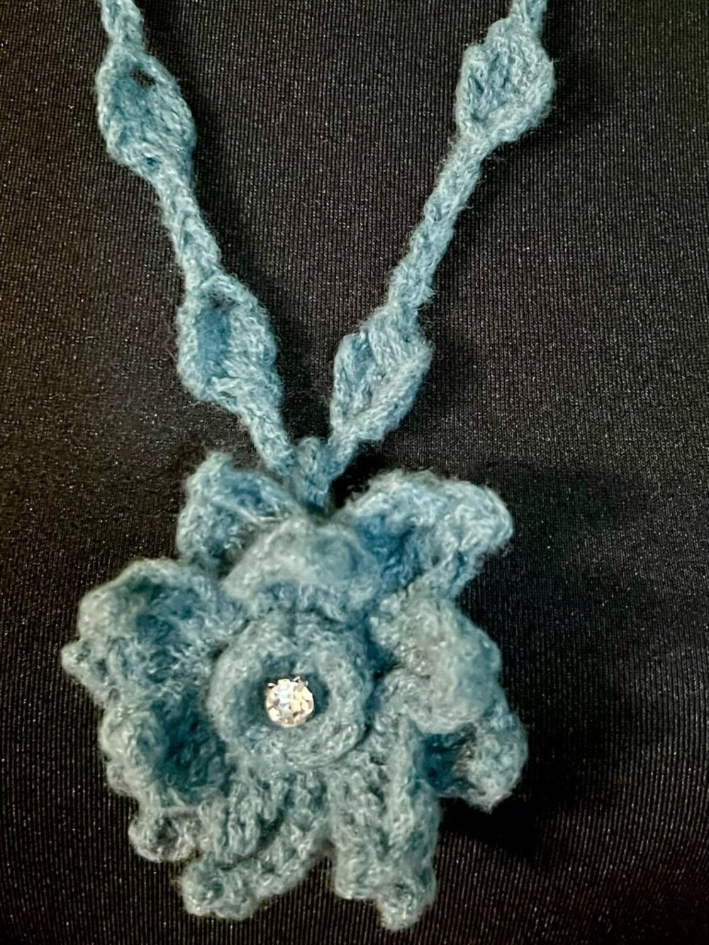 Handmade PENDANT NECKLACE/BROOCH Combination in Denim Blue with Rhinestone Ctr